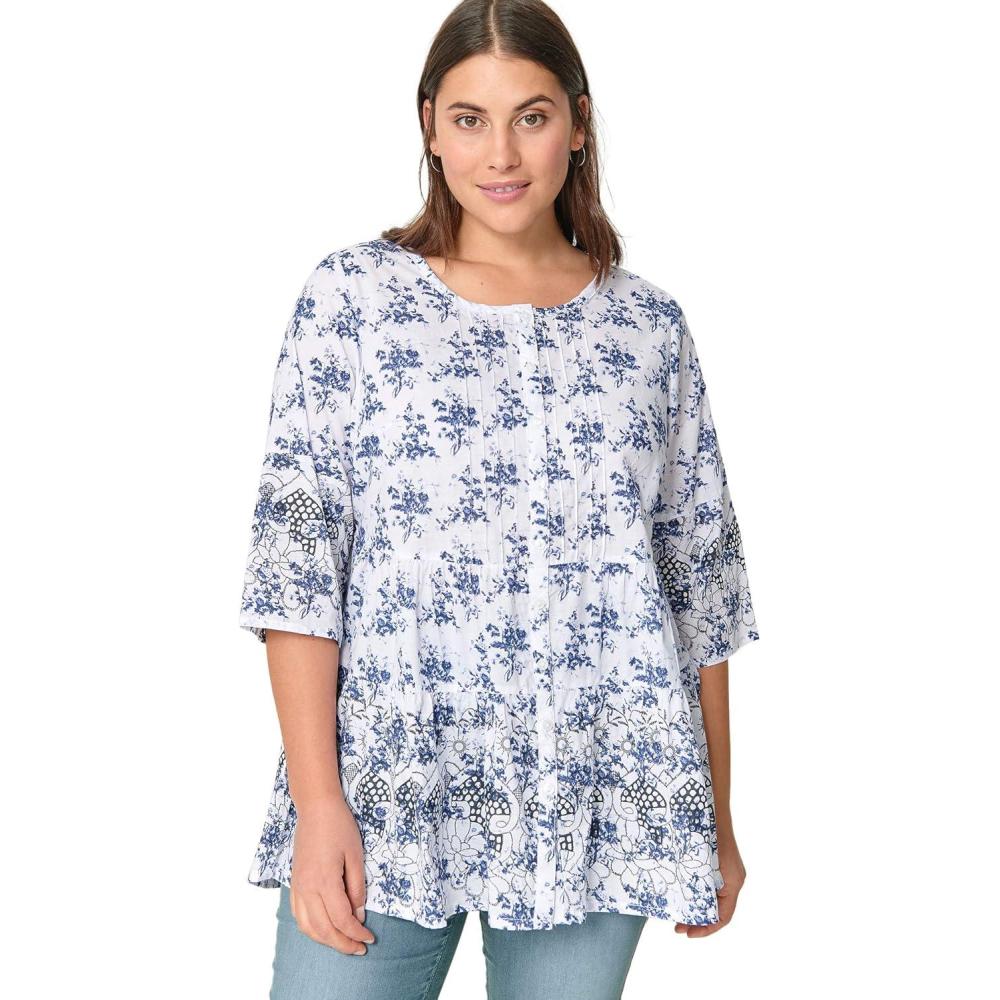 imageellos Plus Size Tiered Floral 34 Sleeve TunicWhite Navy Print