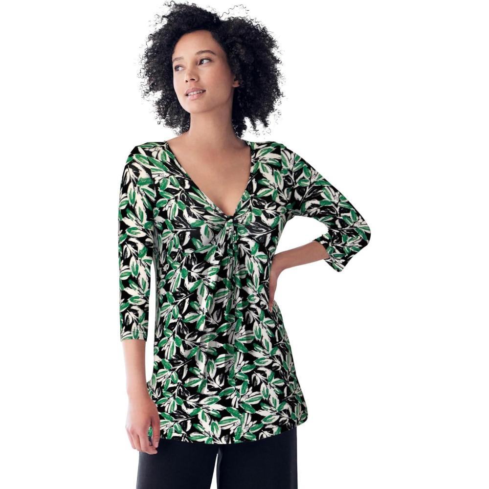imageellos Plus Size Twisted KnotFront TunicBlack Green Leaf Print