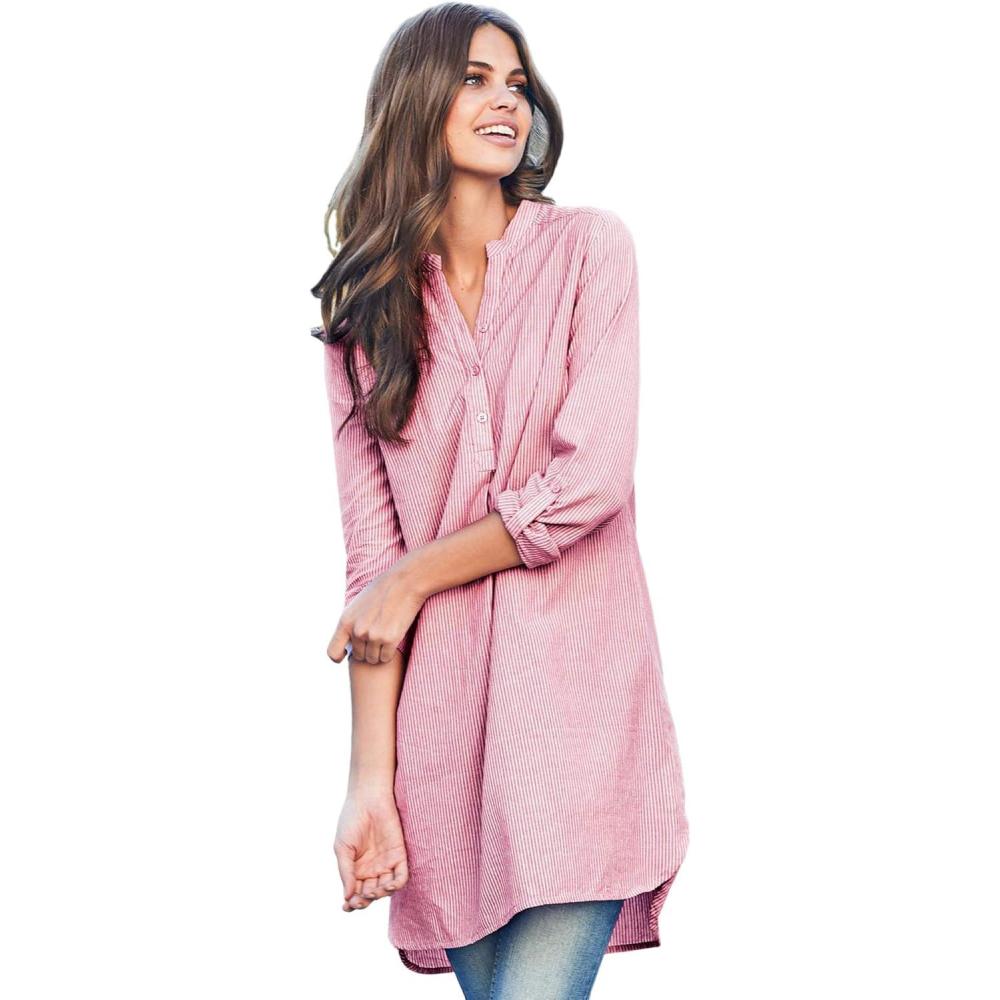 imageellos Womens Plus Size Striped Henley Tunic Oversized Long Top Wear with LeggingsBright Cherry Stripe