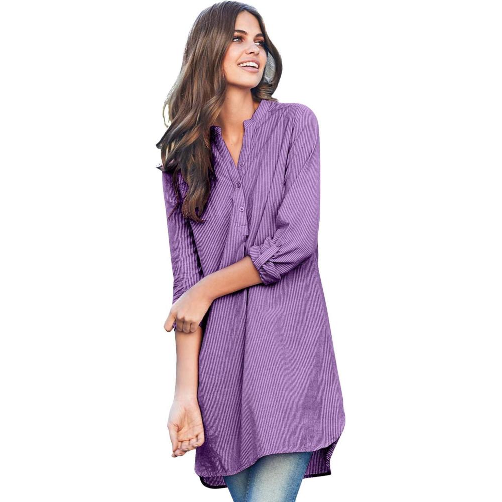 imageellos Womens Plus Size Striped Henley Tunic Oversized Long Top Wear with LeggingsViolet Bloom Stripe