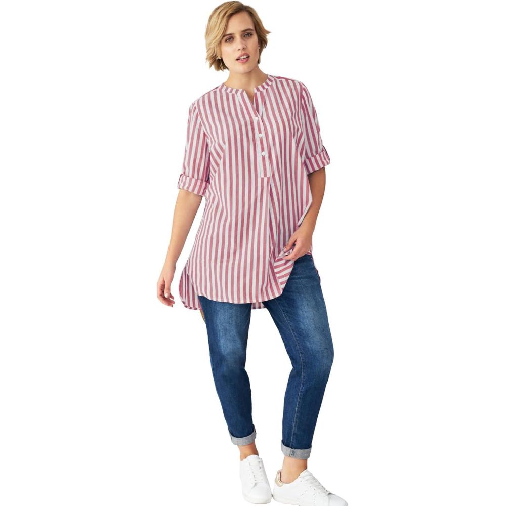 imageellos Womens Plus Size Striped Henley Tunic Oversized Long Top Wear with LeggingsWashed Rose Stripe