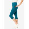 Woman Within Plus Size Petite Stretch-Cotton Knit Pull-On Pocket Capri Leggings(Deep Teal)