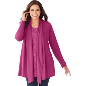 Woman Within Plus Size 2-Fer Cardigan & Attached Lace Tunic(Raspberry)