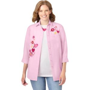 Woman Within Plus Size 2-Piece Embroidered Poplin Tunic And Tee Set(Pink Heart Floral)