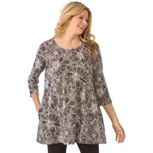 Woman Within Plus Size 2-Pocket Swing Tunic(Black Sketch Floral)