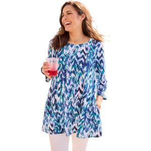 Woman Within Plus Size 2-Pocket Swing Tunic(Blue Chevron Abstract)