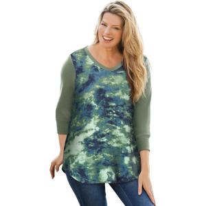 Woman Within Plus Size Colorblock Scoopneck Thermal Sweatshirt(Pine Pretty Tie Dye)