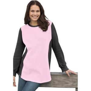 Woman Within Plus Size Colorblock Scoopneck Thermal Sweatshirt(Pink Heather Charcoal)