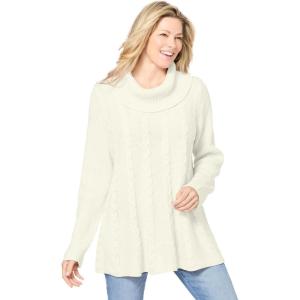 Woman Within Plus Size Cowl Neck Cable Knit Swing Sweater(Ivory)