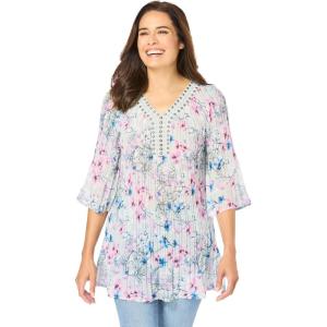 Woman Within Plus Size Embellished Pleated Blouse(Pearl Grey Orchid)