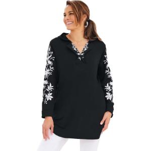 Woman Within Plus Size Embroidered Hoodie Sweatshirt(Black Embroidery)