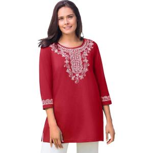 Woman Within Plus Size Embroidered Knit Tunic(Classic Red)