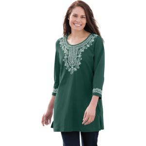 Woman Within Plus Size Embroidered Knit Tunic(Emerald Green)