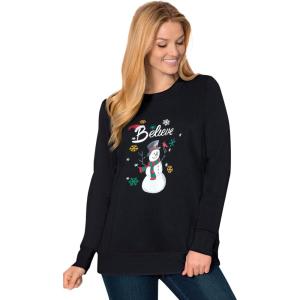 Woman Within Plus Size Fleece Holiday Sweatshirt(Black Snowman)