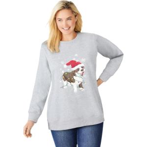 Woman Within Plus Size Fleece Holiday Sweatshirt(Heather Grey Santa Dog)