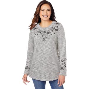 Woman Within Plus Size Floral Embroidered Sweatshirt Tee(Black Marled Embroidery)