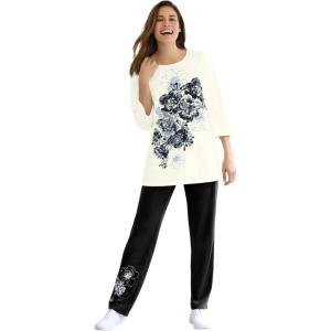 Woman Within Plus Size Floral Tee And Pant Set(Black Floral Placement)