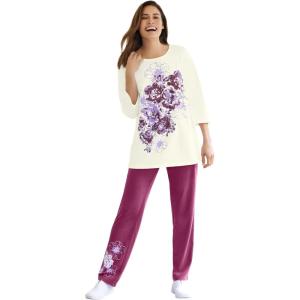 Woman Within Plus Size Floral Tee And Pant Set(Deep Claret Floral Placement)