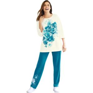 Woman Within Plus Size Floral Tee And Pant Set(Deep Teal Floral Placement)