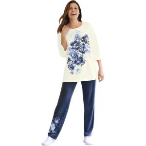 Woman Within Plus Size Floral Tee And Pant Set(Navy Floral Placement)