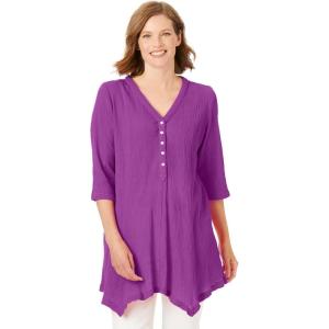 Woman Within Plus Size Handkerchief Hem Henley Tunic(Purple Magenta)