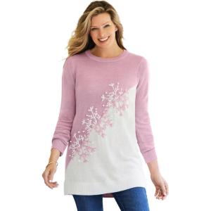Woman Within Plus Size Holiday Snowflake Jacquard Sweater(Dusty Pink Snowflake Embroidery)
