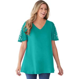 Woman Within Plus Size Lace Sleeve Tunic(Waterfall)