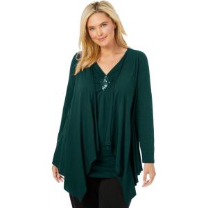 Woman Within Plus Size Layered Look Long Top With Sequined Inset(Emerald Green)