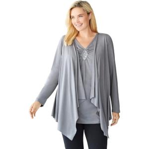 Woman Within Plus Size Layered Look Long Top With Sequined Inset(Gunmetal)