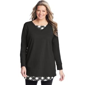Woman Within Plus Size Layered Look Sweatshirt(Black Plaid)