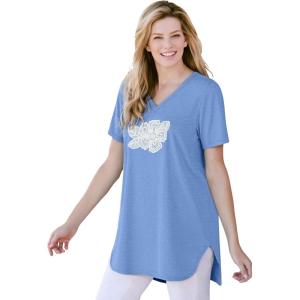 Woman Within Plus Size Marled V-Neck Tunic(French Blue Lace Flower)