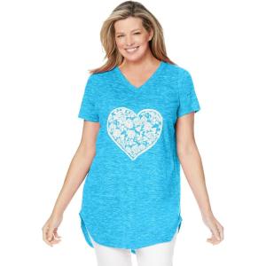 Woman Within Plus Size Marled V-Neck Tunic(Paradise Blue Heart Placement)