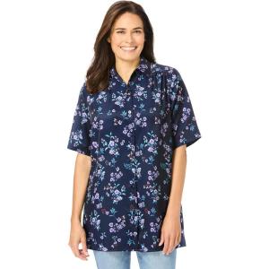 Woman Within Plus Size No Iron Short Sleeve Peachskin Shirt(Navy Floral)
