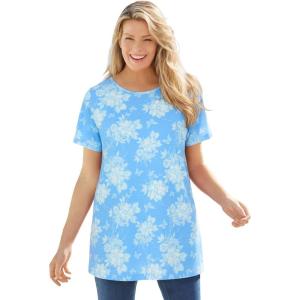 Woman Within Plus Size Perfect Printed Crewneck Tunic(Azure Butterfly Bloom)