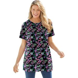 Woman Within Plus Size Perfect Printed Crewneck Tunic(Black Multi Floral)