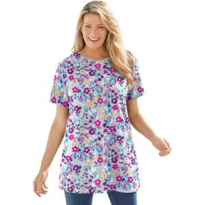Woman Within Plus Size Perfect Printed Crewneck Tunic(Heather Grey Field Floral)