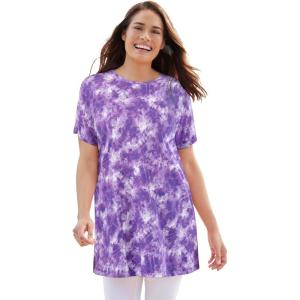 Woman Within Plus Size Perfect Printed Crewneck Tunic(Petal Purple Tie Dye)