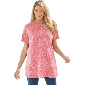 Woman Within Plus Size Perfect Printed Crewneck Tunic(Sweet Coral Palm)