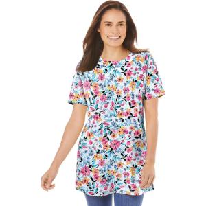 Woman Within Plus Size Perfect Printed Crewneck Tunic(White Painterly Bloom)