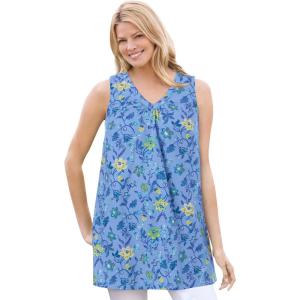 Woman Within Plus Size Perfect Printed Sleeveless Shirred V-Neck Tunic(French Blue Jacquard Floral)