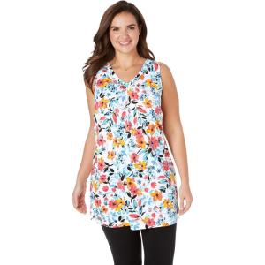 Woman Within Plus Size Perfect Printed Sleeveless Shirred V-Neck Tunic(White Painterly Bloom)