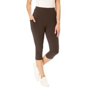 Woman Within Plus Size Petite Stretch-Cotton Knit Pull-On Pocket Capri Leggings(Chocolate)