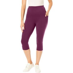 Woman Within Plus Size Petite Stretch-Cotton Knit Pull-On Pocket Capri Leggings(Deep Claret)