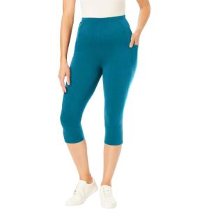 Woman Within Plus Size Petite Stretch-Cotton Knit Pull-On Pocket Capri Leggings(Deep Teal)