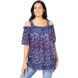 Woman Within Plus Size Printed Cold-Shoulder Blouse(Classic Navy Garden Print)