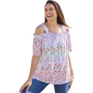 Woman Within Plus Size Printed Cold-Shoulder Blouse(White Garden Print)