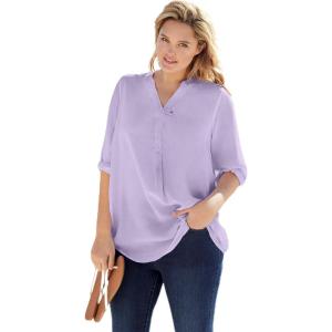 Woman Within Plus Size Rayon 7-Day Three-Quarter Sleeve Tab-Front Tunic(Pale Lilac)