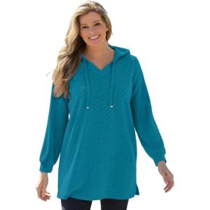 Woman Within Plus Size Rib-Knit Sherpa Hoodie Sweatshirt(Deep Teal)