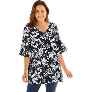 Woman Within Plus Size Ruffled Elbow-Sleeve Tunic(Black White Shadow)