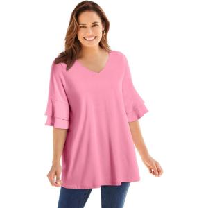 Woman Within Plus Size Ruffled Elbow-Sleeve Tunic(Delicate Pink)
